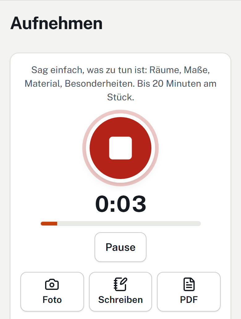 Aufnahme-Bildschirm der App: roter Stopp-Knopf, Zeit 0:03, Pegel, darunter Foto, Schreiben, PDF