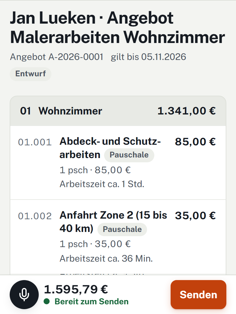 Entwurf in der App: Jan Lueken, Angebot Malerarbeiten Wohnzimmer, Positionen mit Preisen, unten Summe 1.595,79 € mit „Bereit zum Senden“ und Knopf Senden