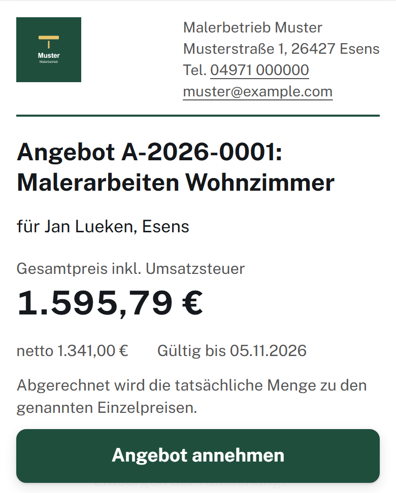 Kundenseite am Handy: Briefkopf des Beispielbetriebs, Angebot A-2026-0001 Malerarbeiten Wohnzimmer, Gesamtpreis 1.595,79 €, Knopf „Angebot annehmen“